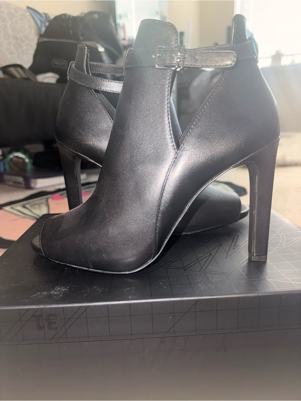 Black Women's Open-Toe Ankle Booties with Buckle Strap